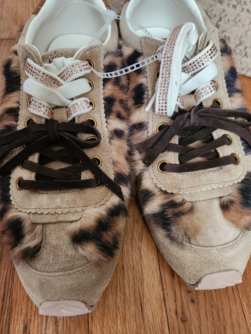 Kurt Geiger Leopard Print Faux Fur Lace-Up Sneakers - Tan